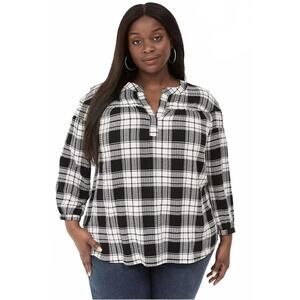 Lane Bryant Black White Crinkle Flannel Popover Blouse 3/4 Sleeve Size 38/40